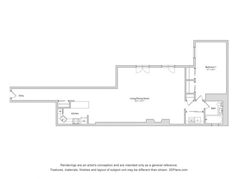 Floor plan for 1 bed, 1 bath, 787 sqft